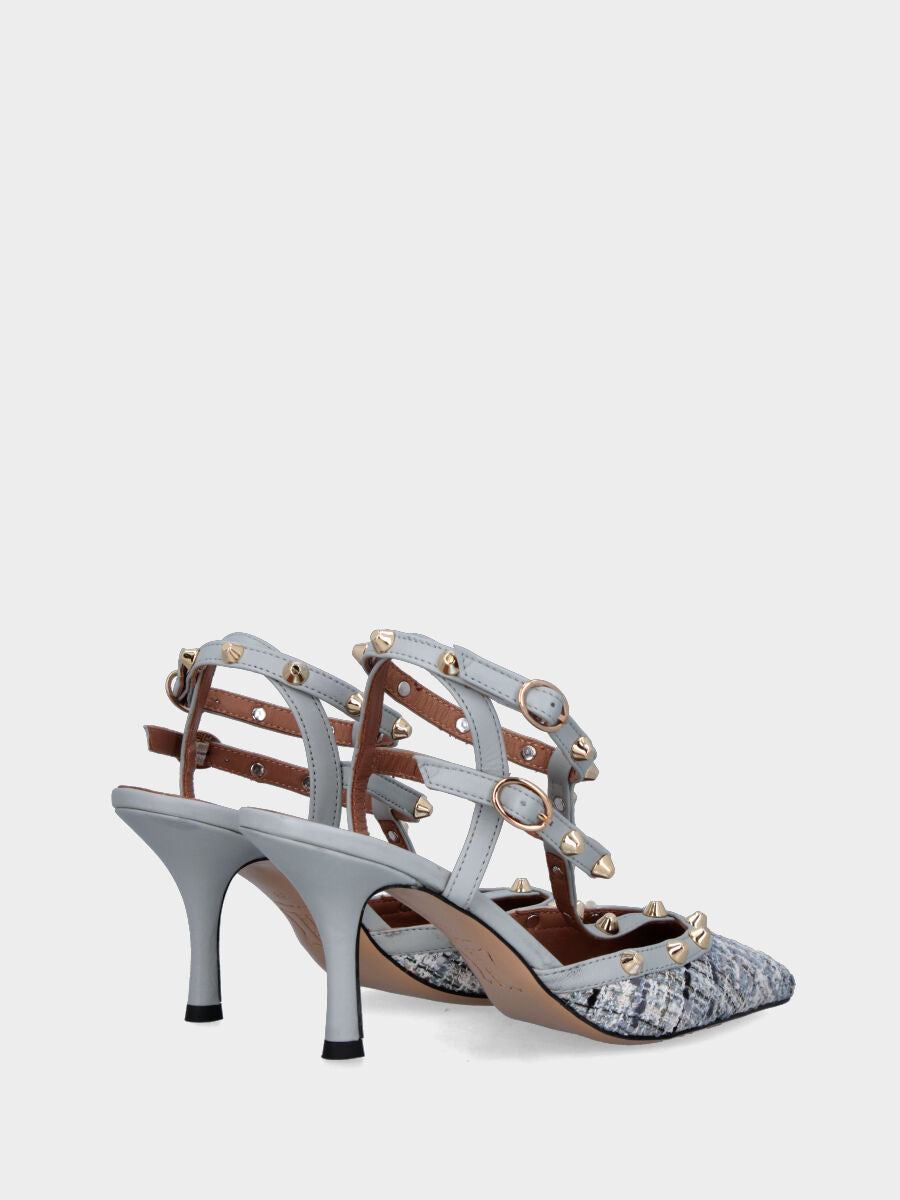 Slingback multicolor nei toni del grigio con borchie e tacco a calice