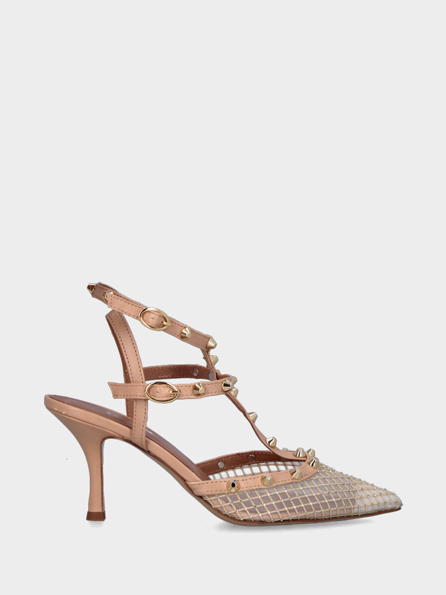 Slingback in tessuto nude con borchie e brillantini