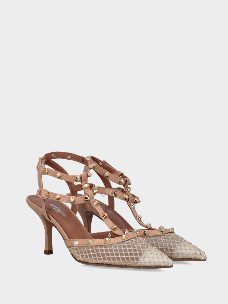 Slingback in tessuto nude con borchie e brillantini