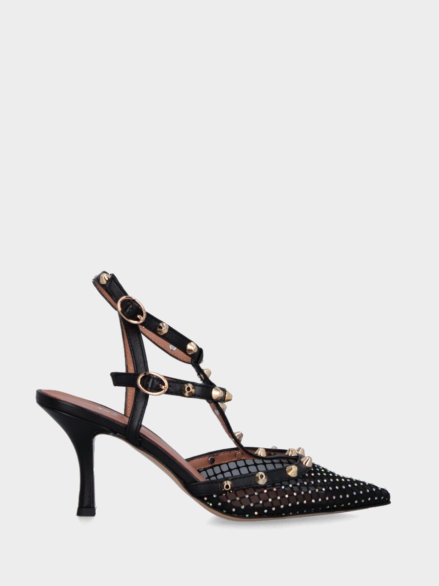 Slingback in tessuto nero con borchie e brillantini