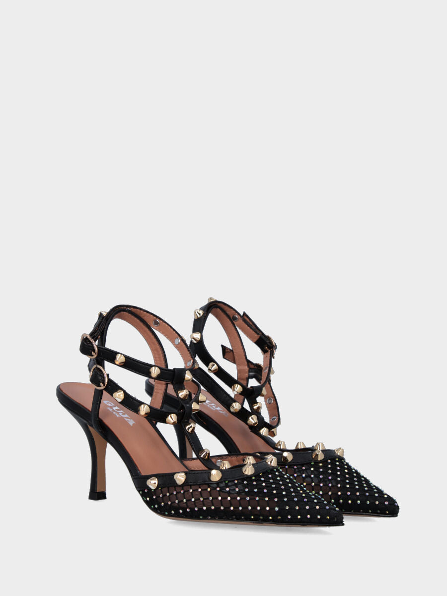 Slingback in tessuto nero con borchie e brillantini