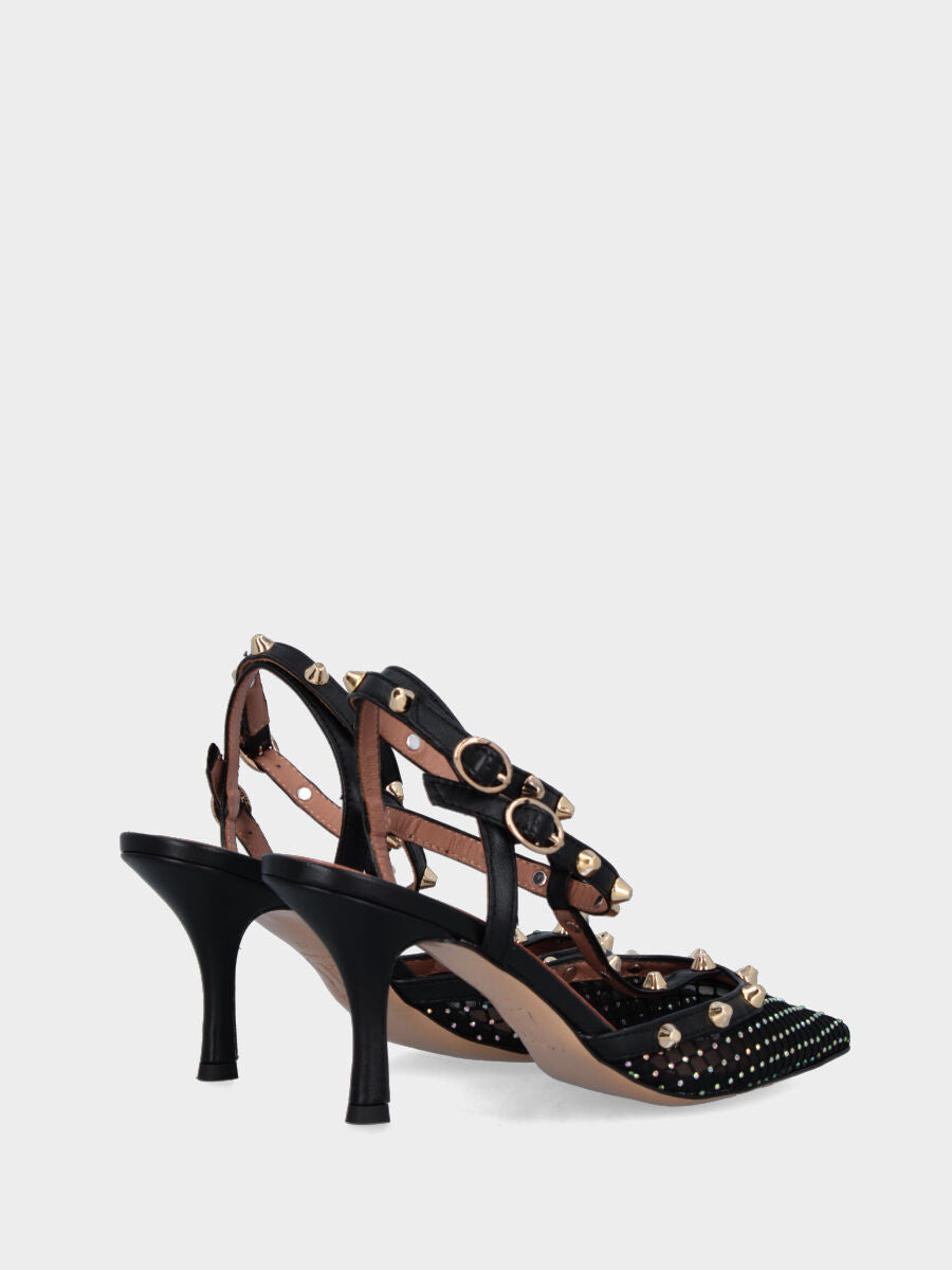 Slingback in tessuto nero con borchie e brillantini