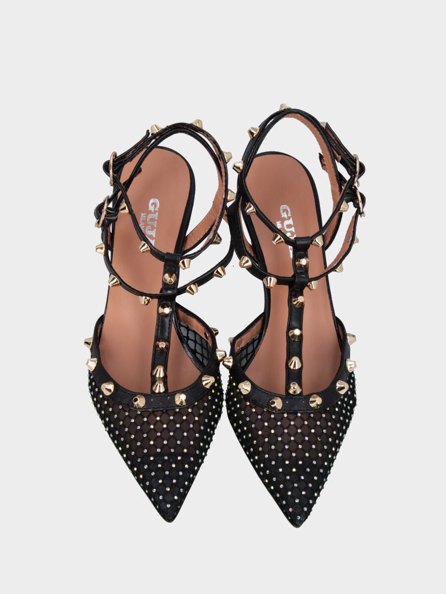 Slingback in tessuto nero con borchie e brillantini