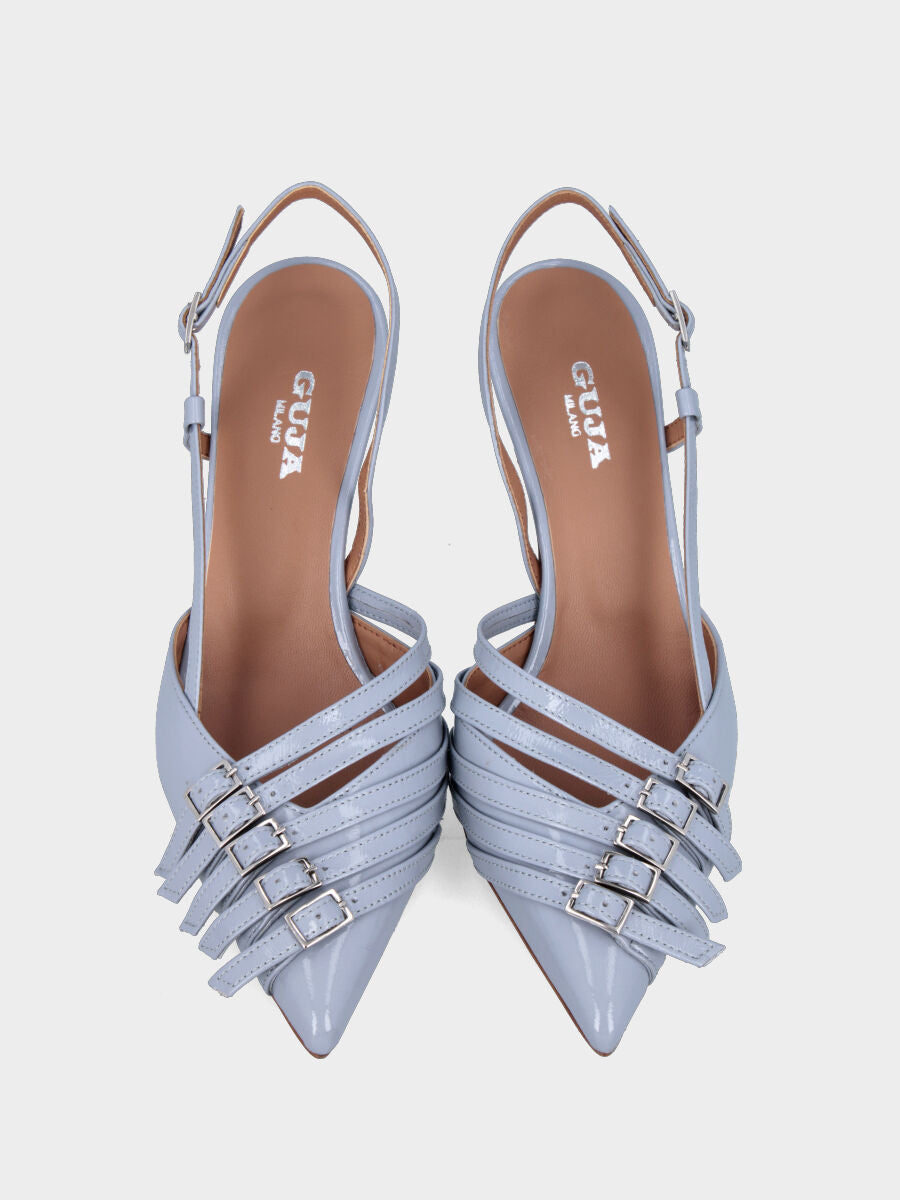 Slingback in verlux celeste con cinturini e tacco a calice