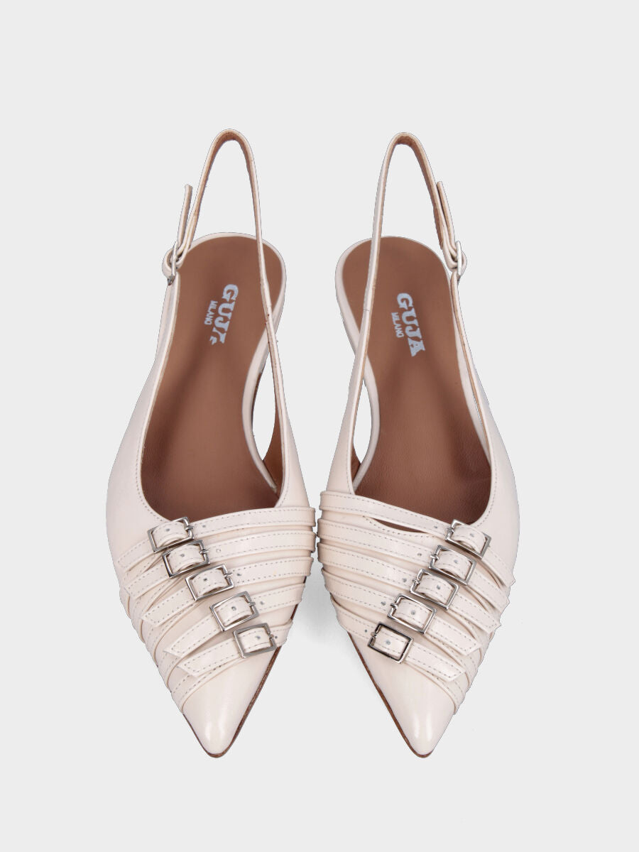 Slingback in verlux bianco latte con cinturini in pianta e tacco semi zeppa