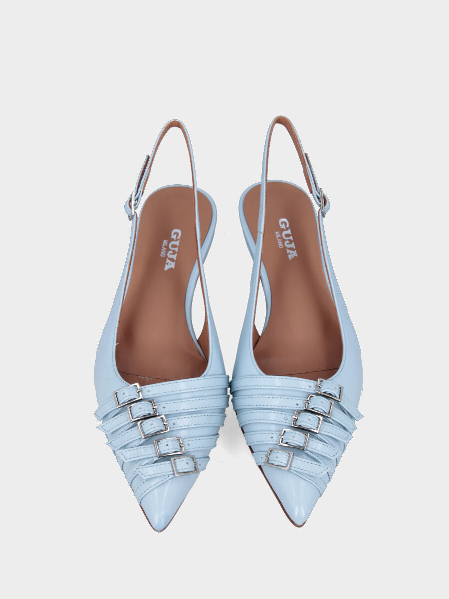 Slingback in verlux celeste con cinturini in pianta e tacco semi zeppa