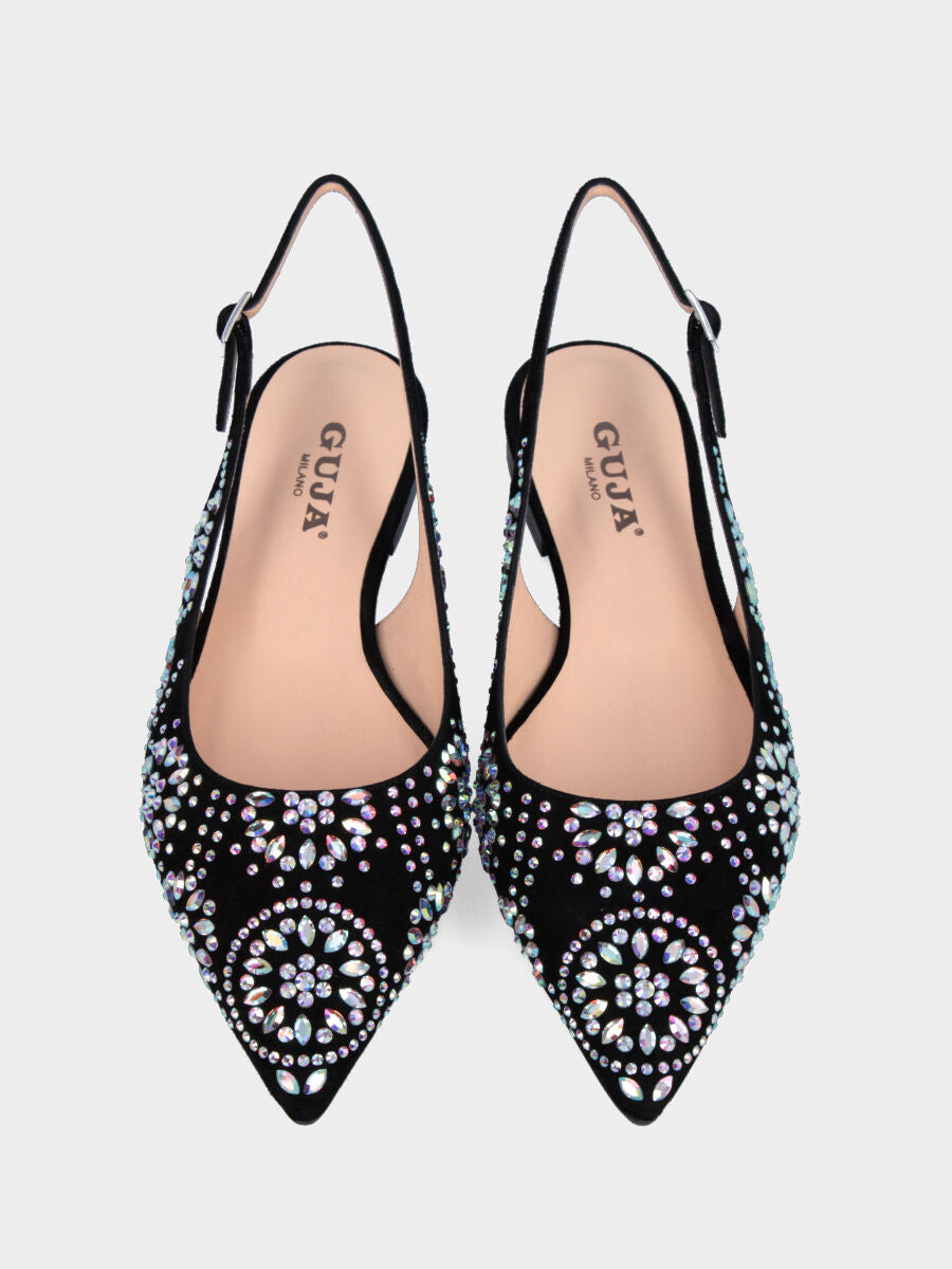 Slingback in camoscio nero con ornamenti di strass e tacco flat