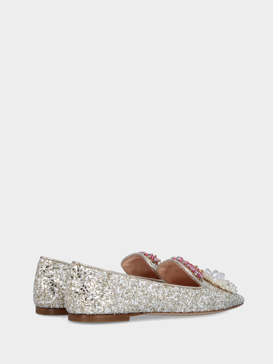 Ballerina con glitter platino e applicazioni ornamentali sulla pianta