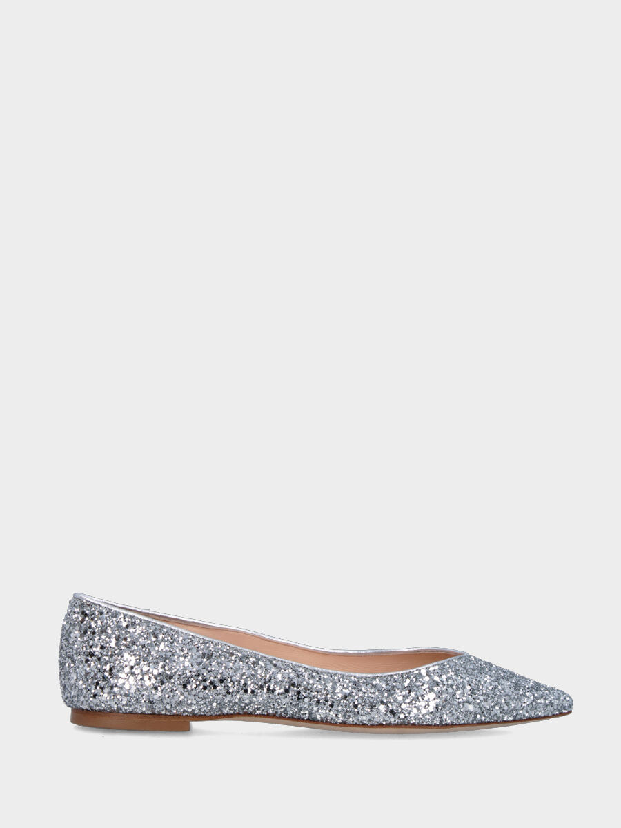 Ballerina con glitter argentati con scollo a V e tacco flat