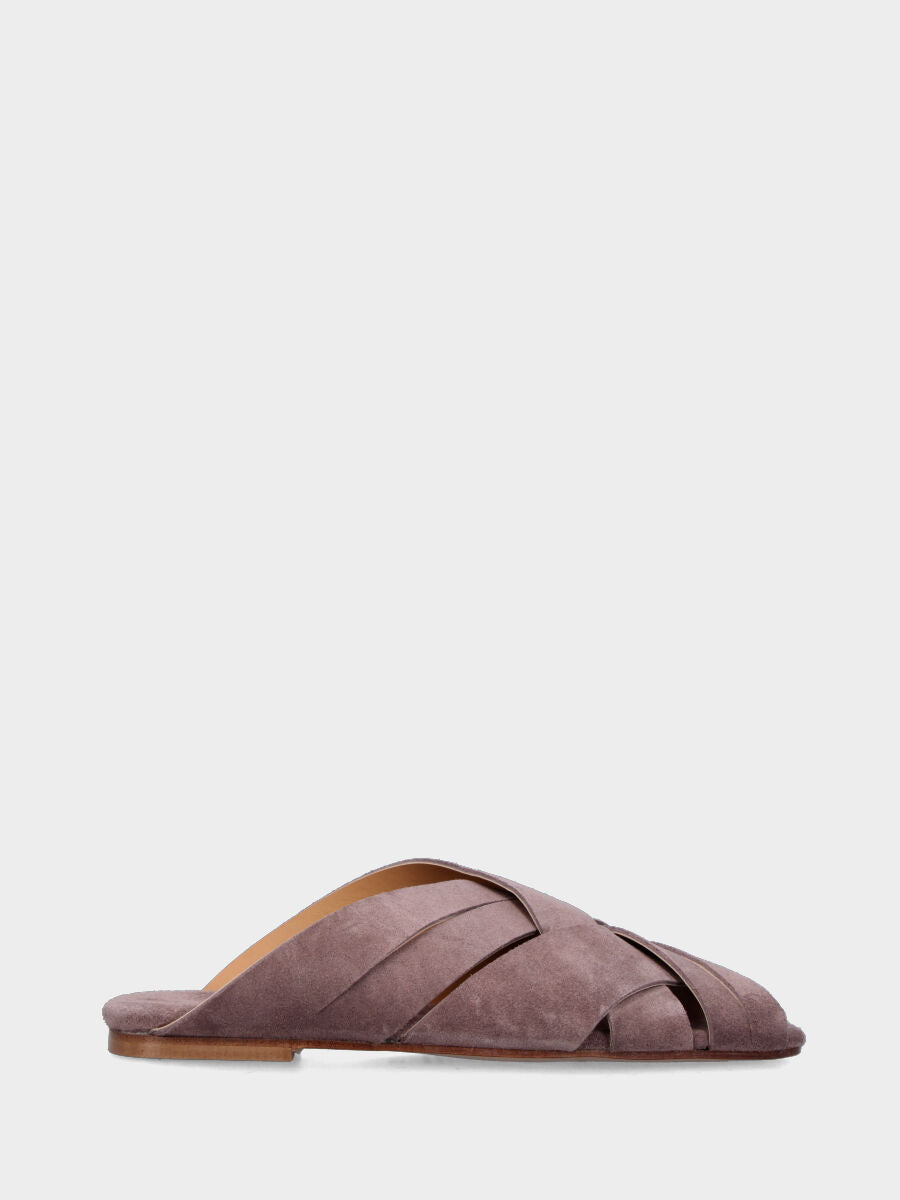 Ciabatta in velour taupe con fasce alternate lisce e intagliate