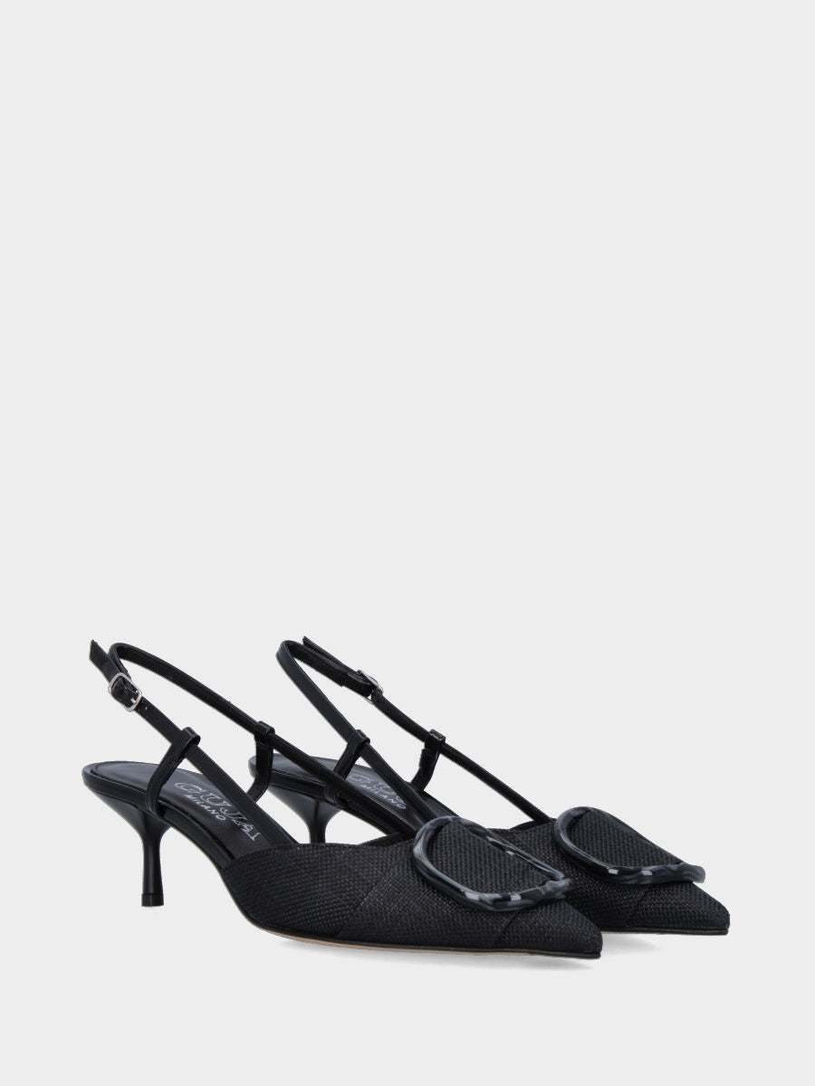 Slingback in tessuto nero con anello decorativo e tacco a calice