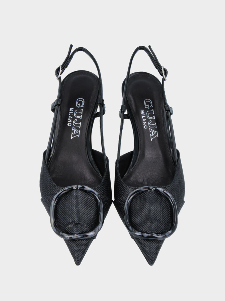 Slingback in tessuto nero con anello decorativo e tacco a calice