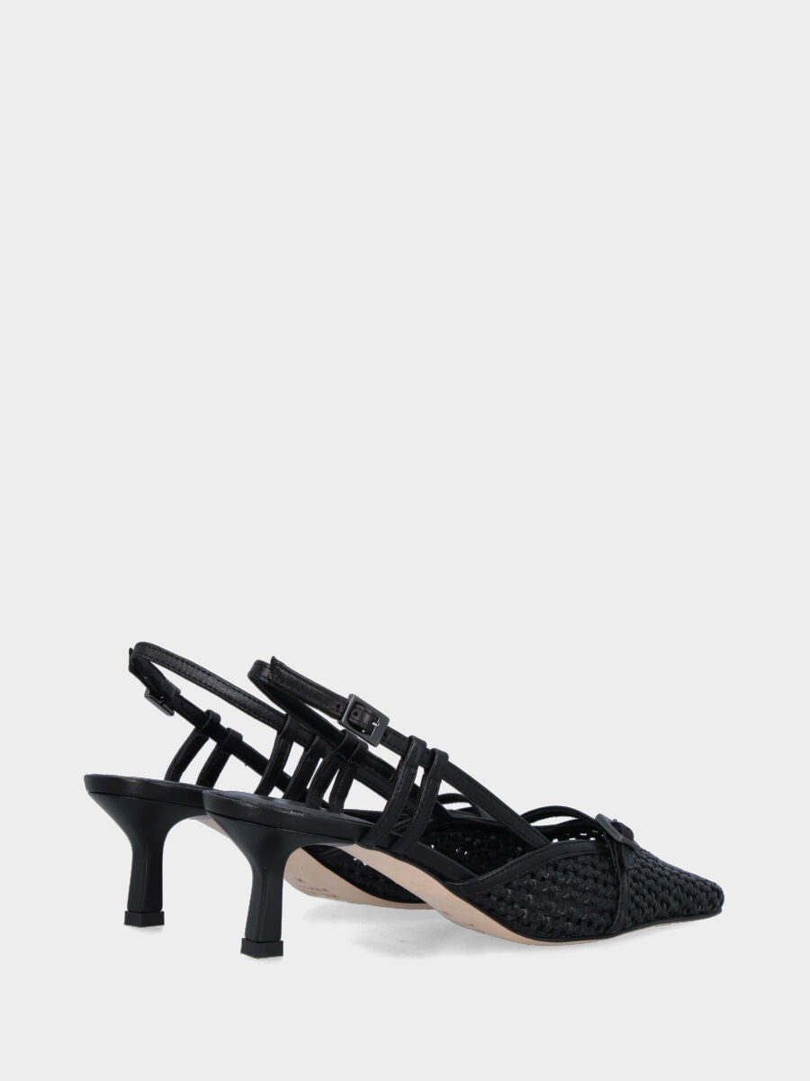 Slingback in rafia nera con cinturino e tacco a calice