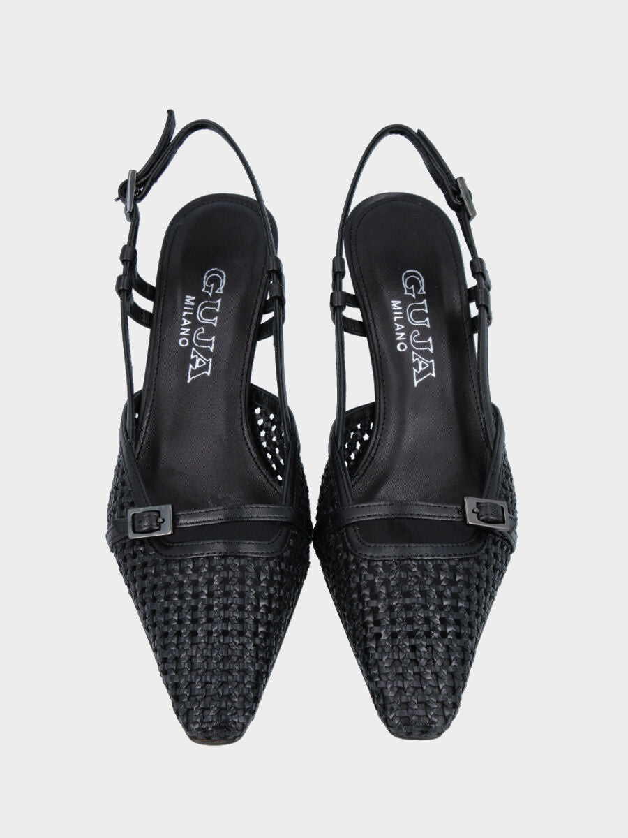 Slingback in rafia nera con cinturino e tacco a calice
