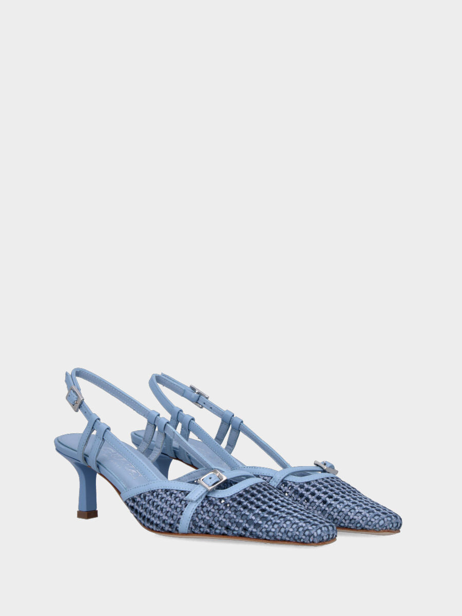 Slingback in rafia celeste con cinturino e tacco a calice
