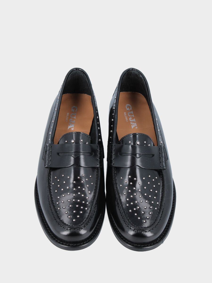 Mocassino college in vitello nero con borchie e mascherina a bocca di leone