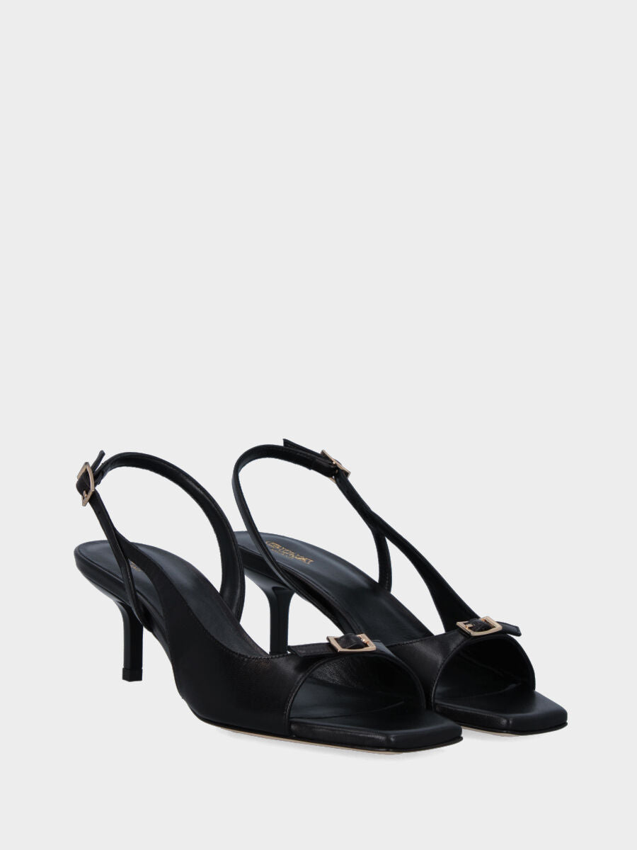 Sandalo in nappa nera con listino incrociato e suola in cuoio