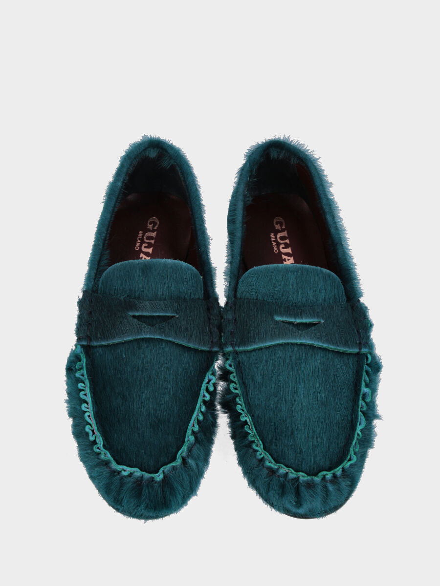 Mocassino in cavallino verde petrolio con tomaia arricciata