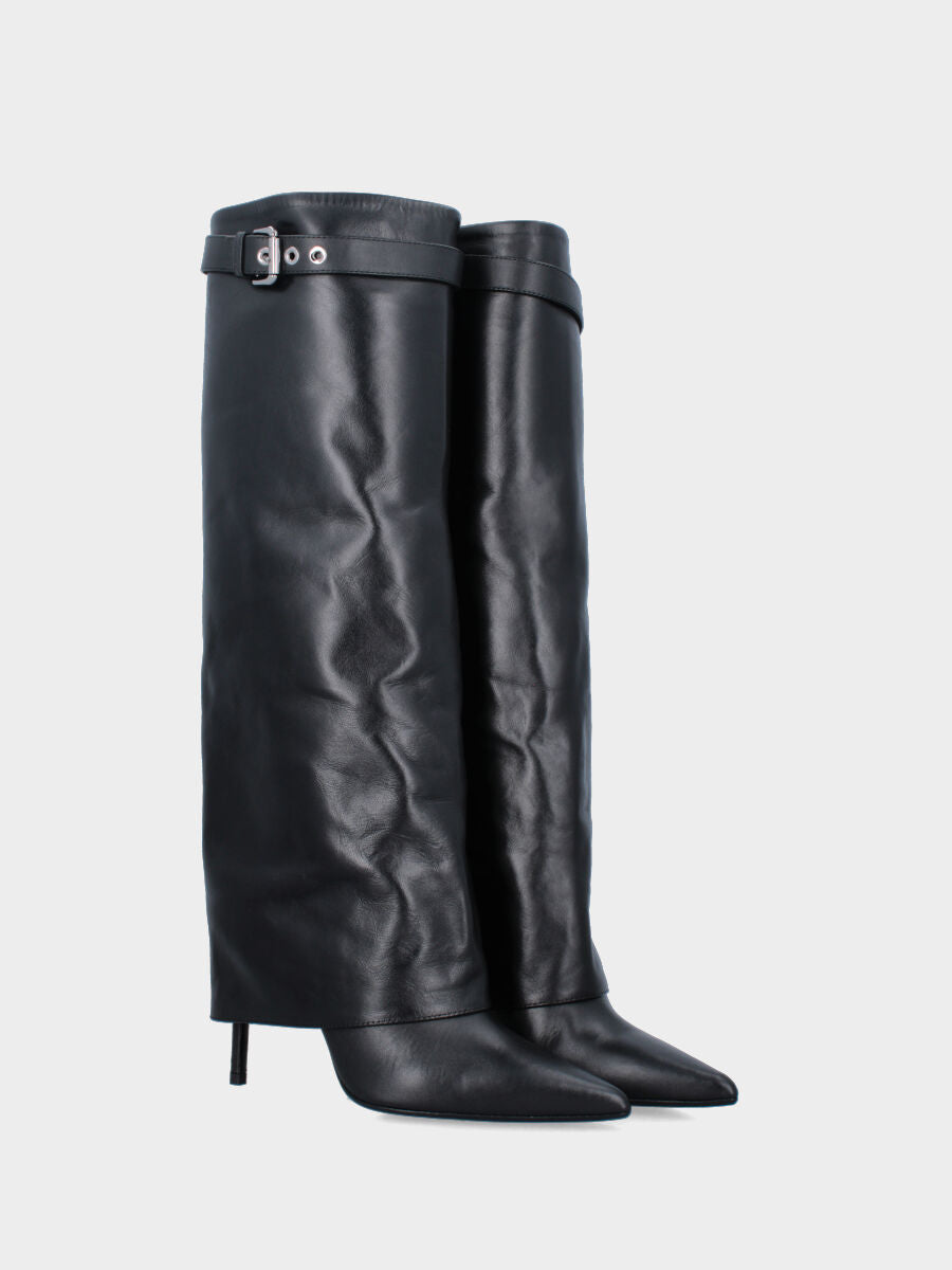 Stivale in vitello nero con ghetta e tacco stiletto