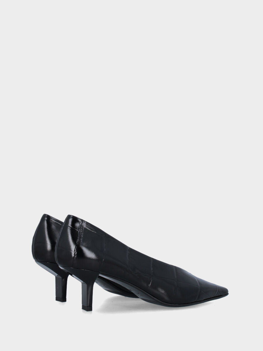 Décolleté in vernice nera coccodrillo stampato con scollatura sovrapposta