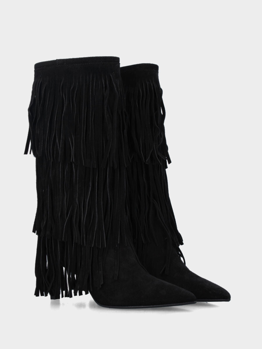 Stivale in velour nero con frange e tacco stiletto