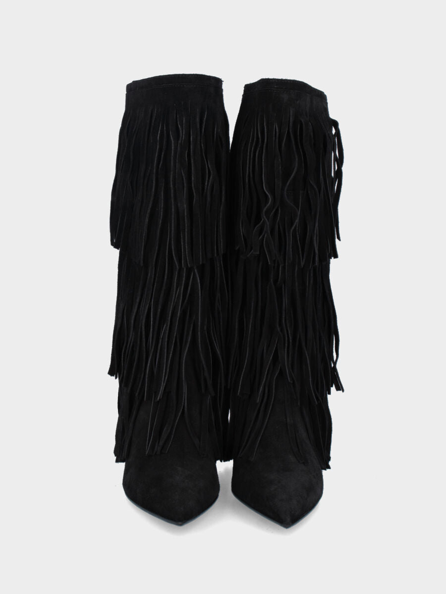 Stivale in velour nero con frange e tacco stiletto