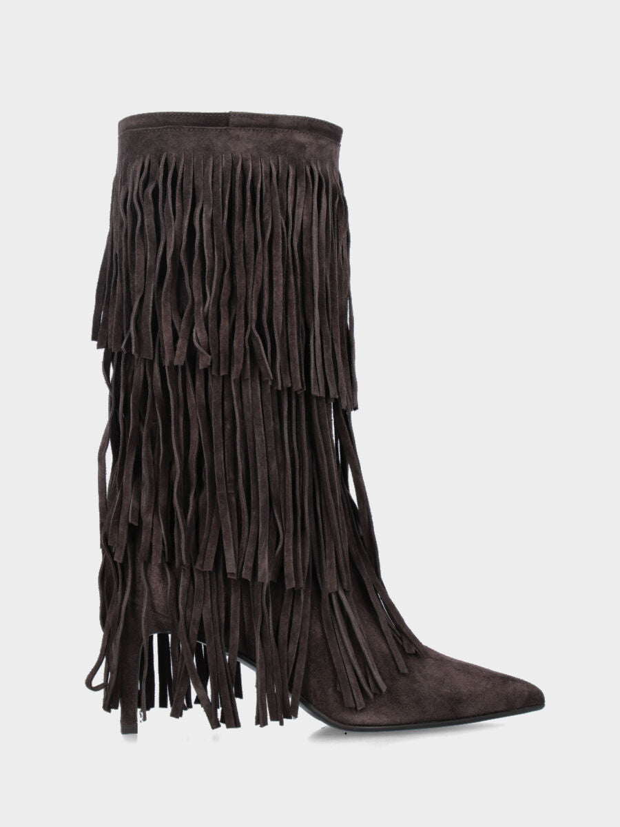 Stivale in velour testa di moro con frange e tacco stiletto