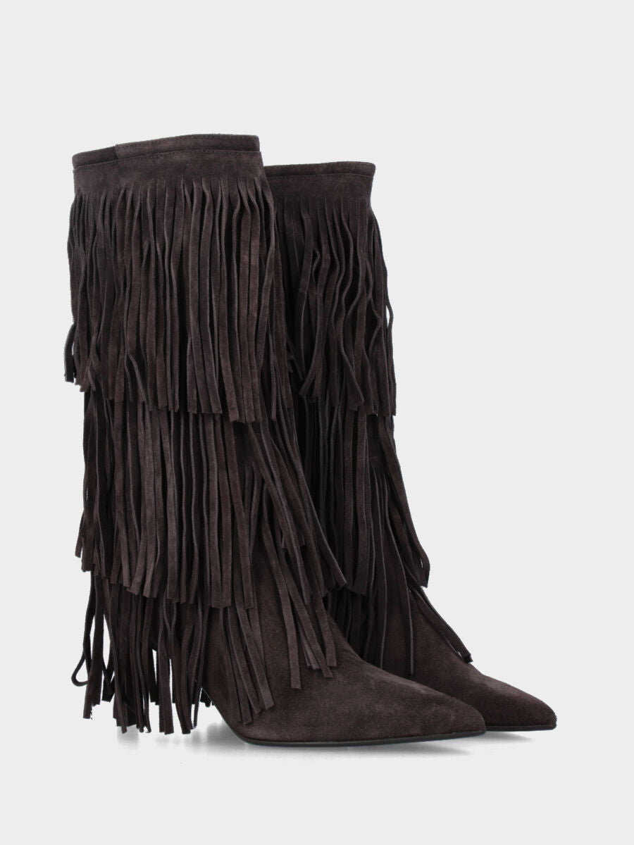 Stivale in velour testa di moro con frange e tacco stiletto