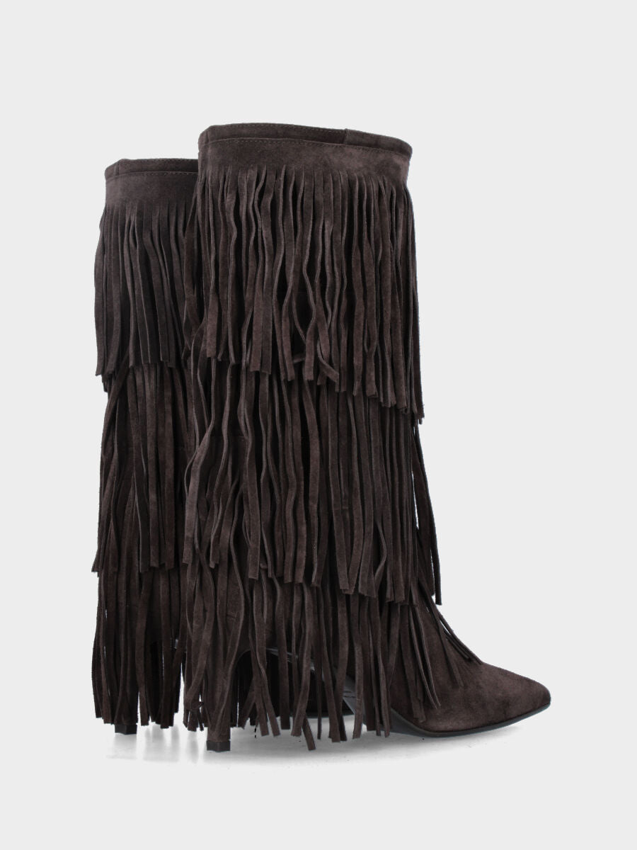 Stivale in velour testa di moro con frange e tacco stiletto
