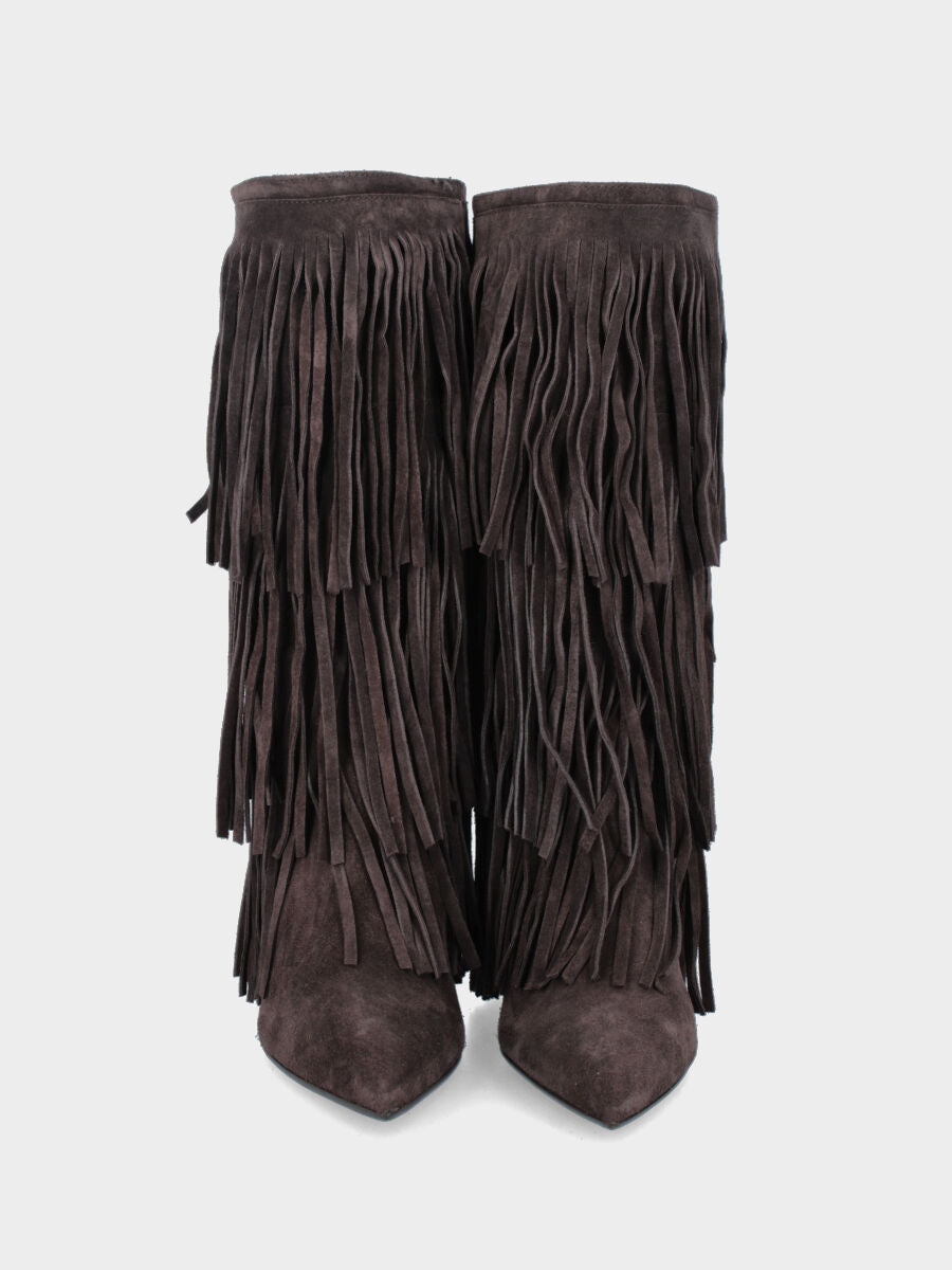 Stivale in velour testa di moro con frange e tacco stiletto