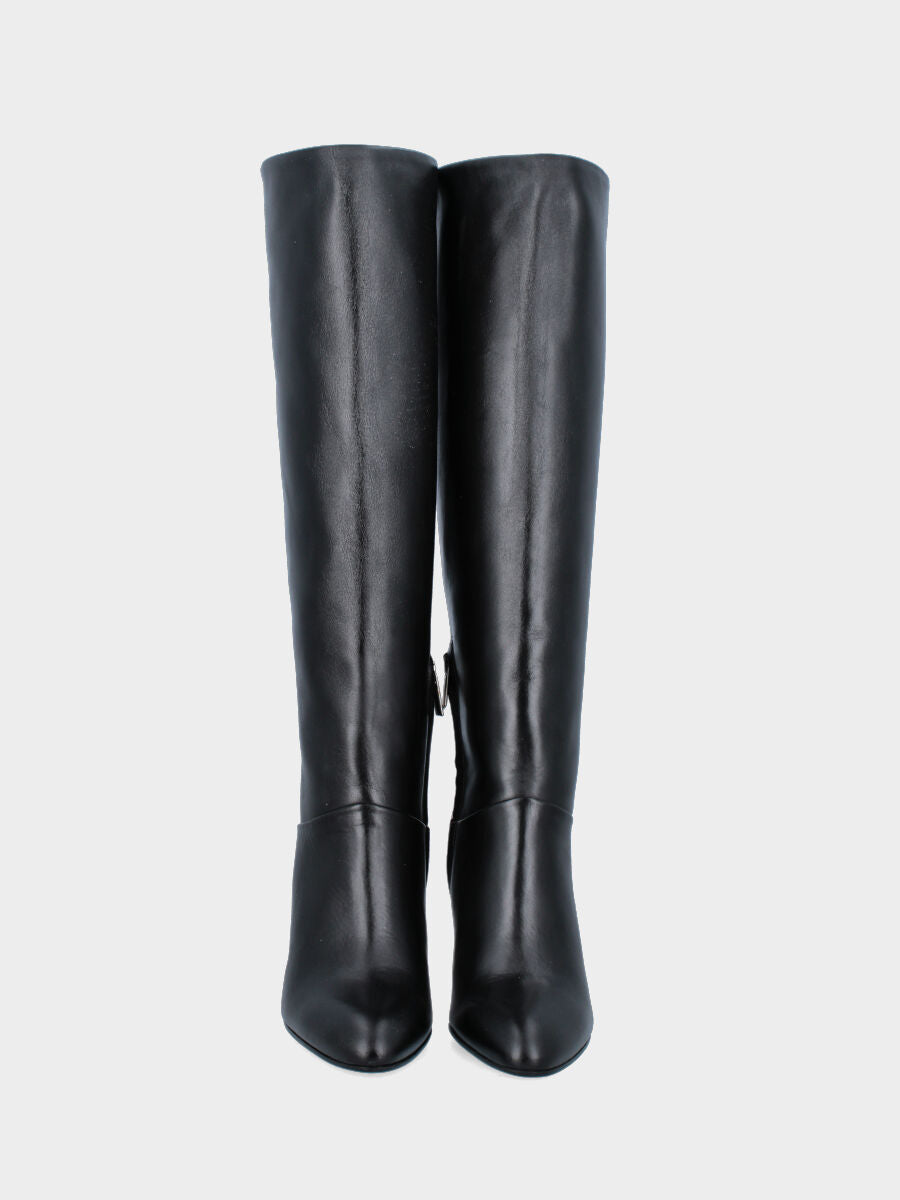 Stivale a tubo in nappa nera con tacco largo e punta tonda