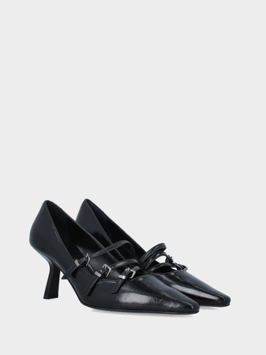 Décolleté in verlux nero con tre cinturini e tacco a calice