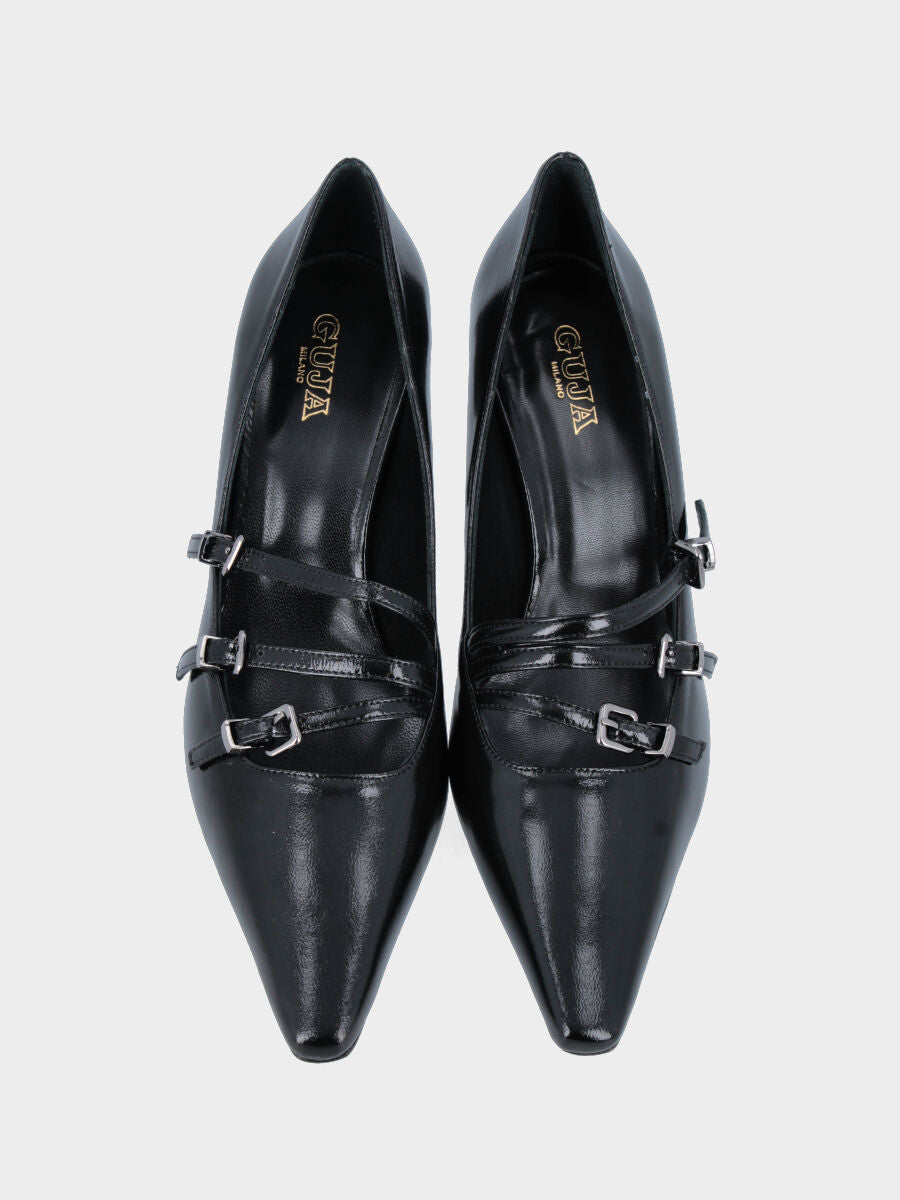 Décolleté in verlux nero con tre cinturini e tacco a calice