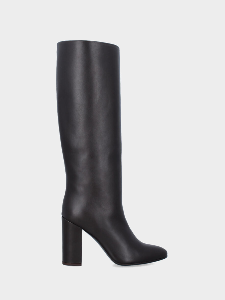 Stivale a tubo in nappa testa di moro con tacco largo e punta stondata