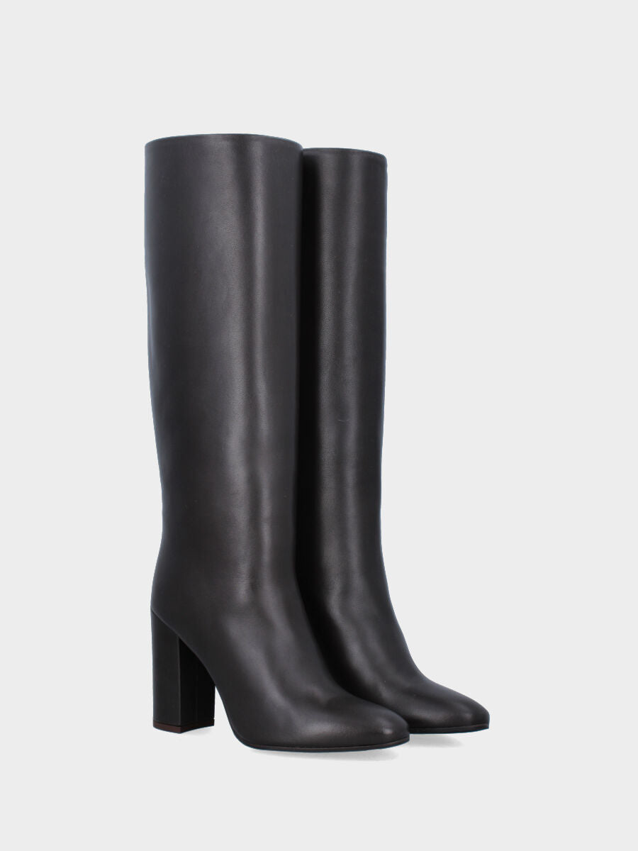 Stivale a tubo in nappa testa di moro con tacco largo e punta stondata