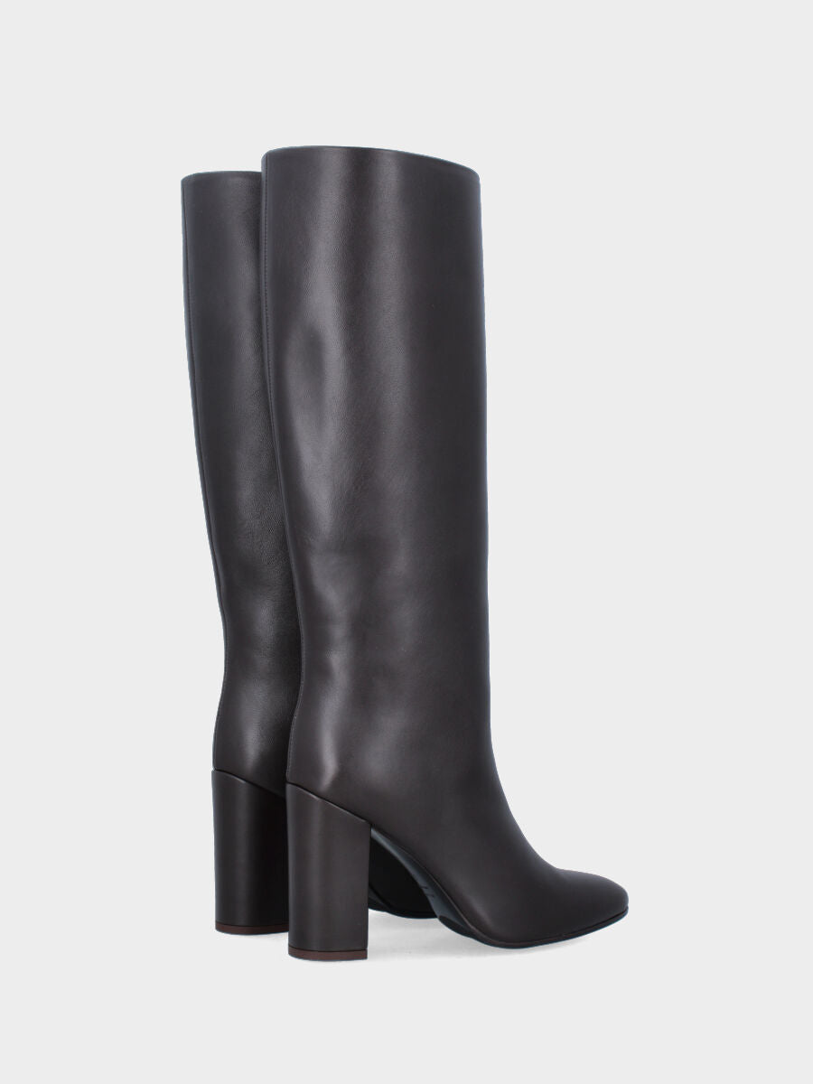 Stivale a tubo in nappa testa di moro con tacco largo e punta stondata