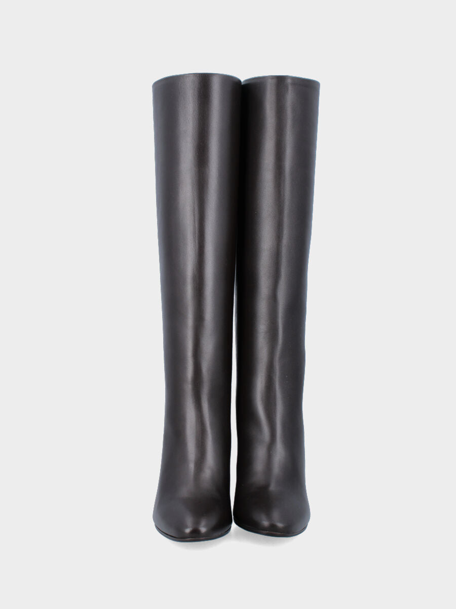 Stivale a tubo in nappa testa di moro con tacco largo e punta stondata