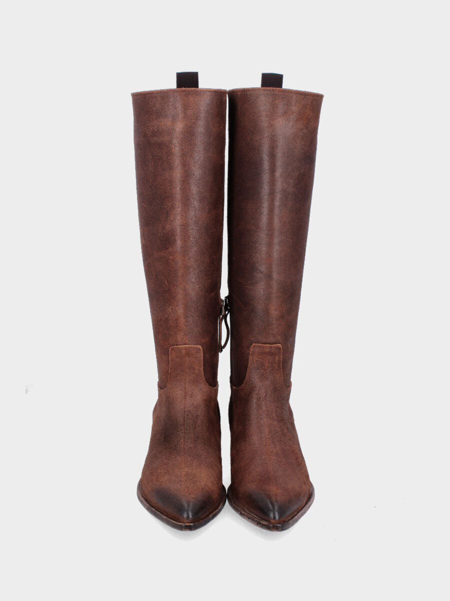 Camperos a stivale in vitello testa di moro con tacco largo fasciato cuoio