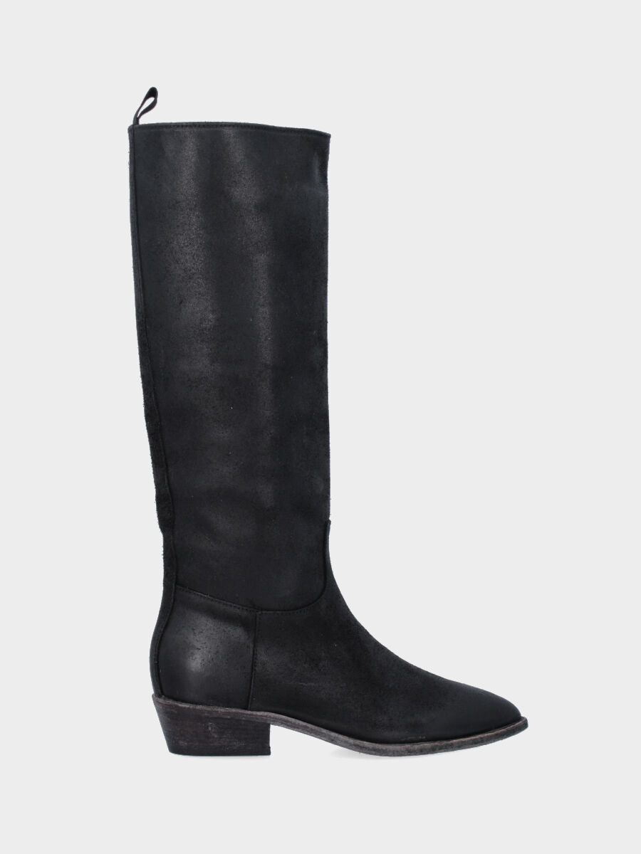 Camperos a stivale in vitello nero con tacco largo fasciato cuoio