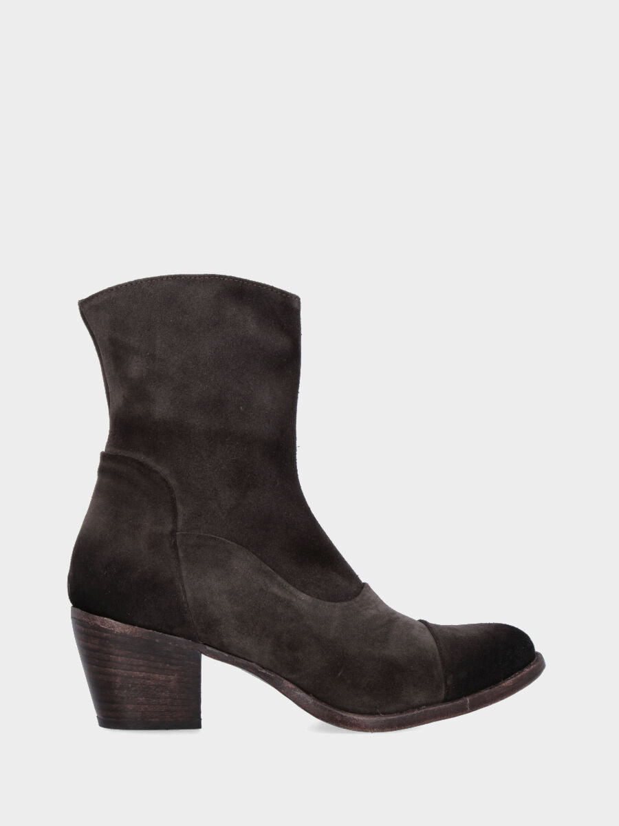 Stivaletto in velour testa di moro con cuciture rivoltate e tacco fasciato cuoio