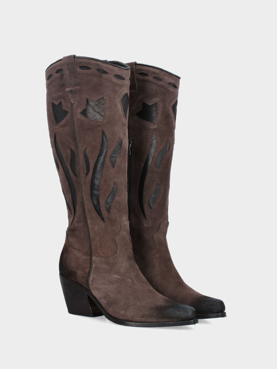 Camperos a stivale in velour testa di moro con gambale fiammato medio