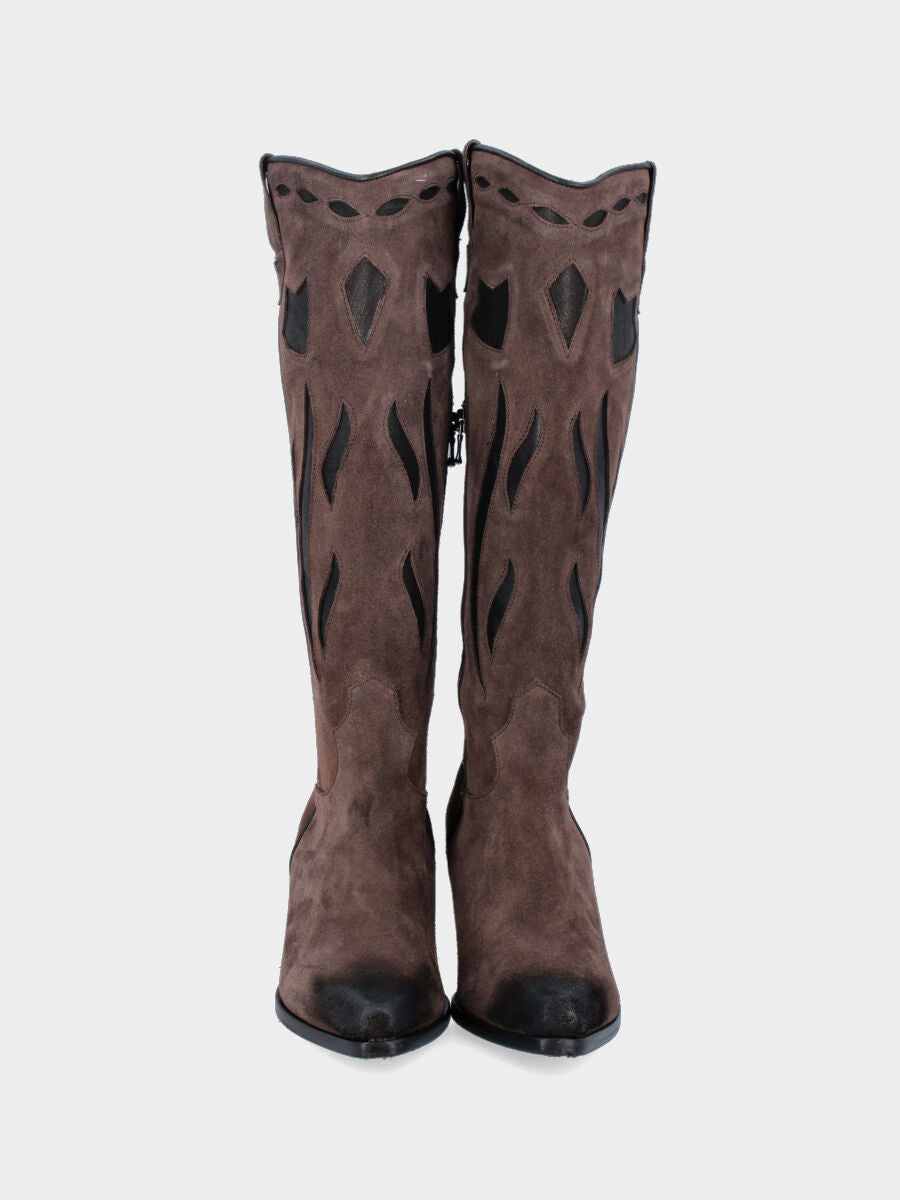 Camperos a stivale in velour testa di moro con gambale fiammato medio