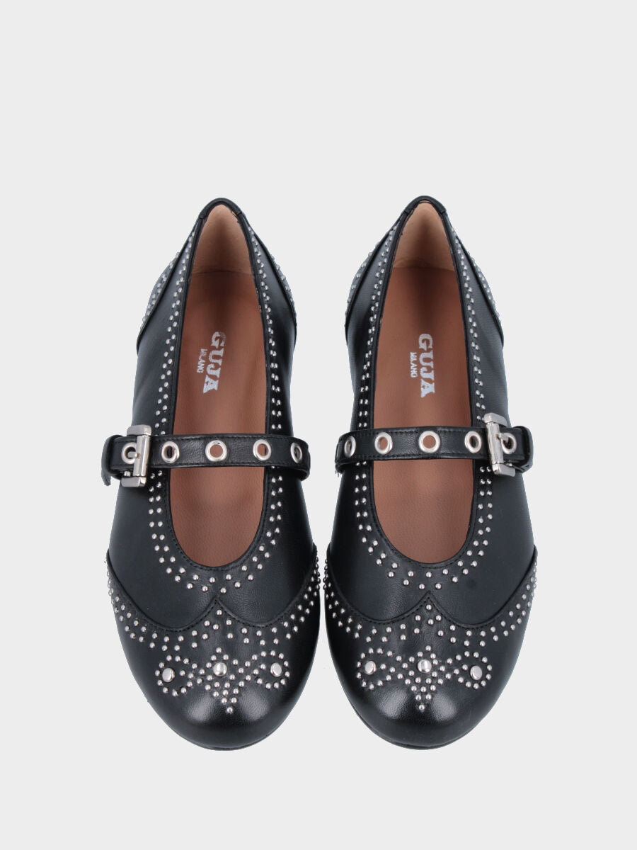 Ballerina Mary Jane in nappa nera lavorata a sacchetto e borchie tonde