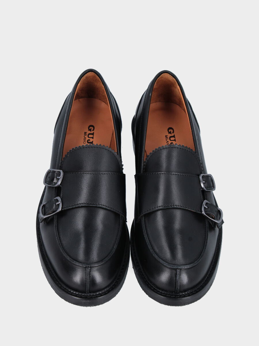 Mocassino college in vitello nero con doppi cinturini e fibbie