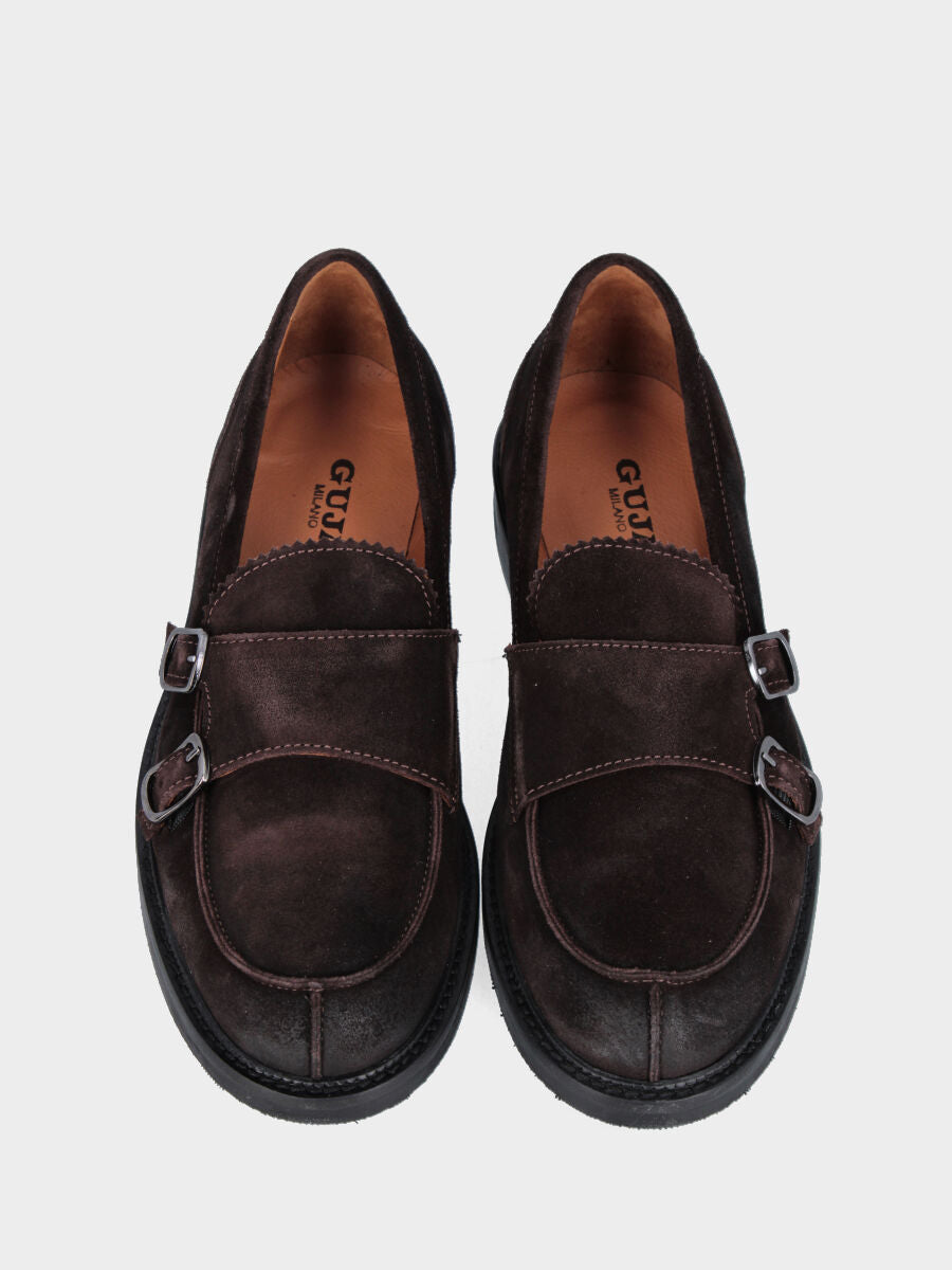 Mocassino college in velour testa di moro con doppi cinturini e fibbie