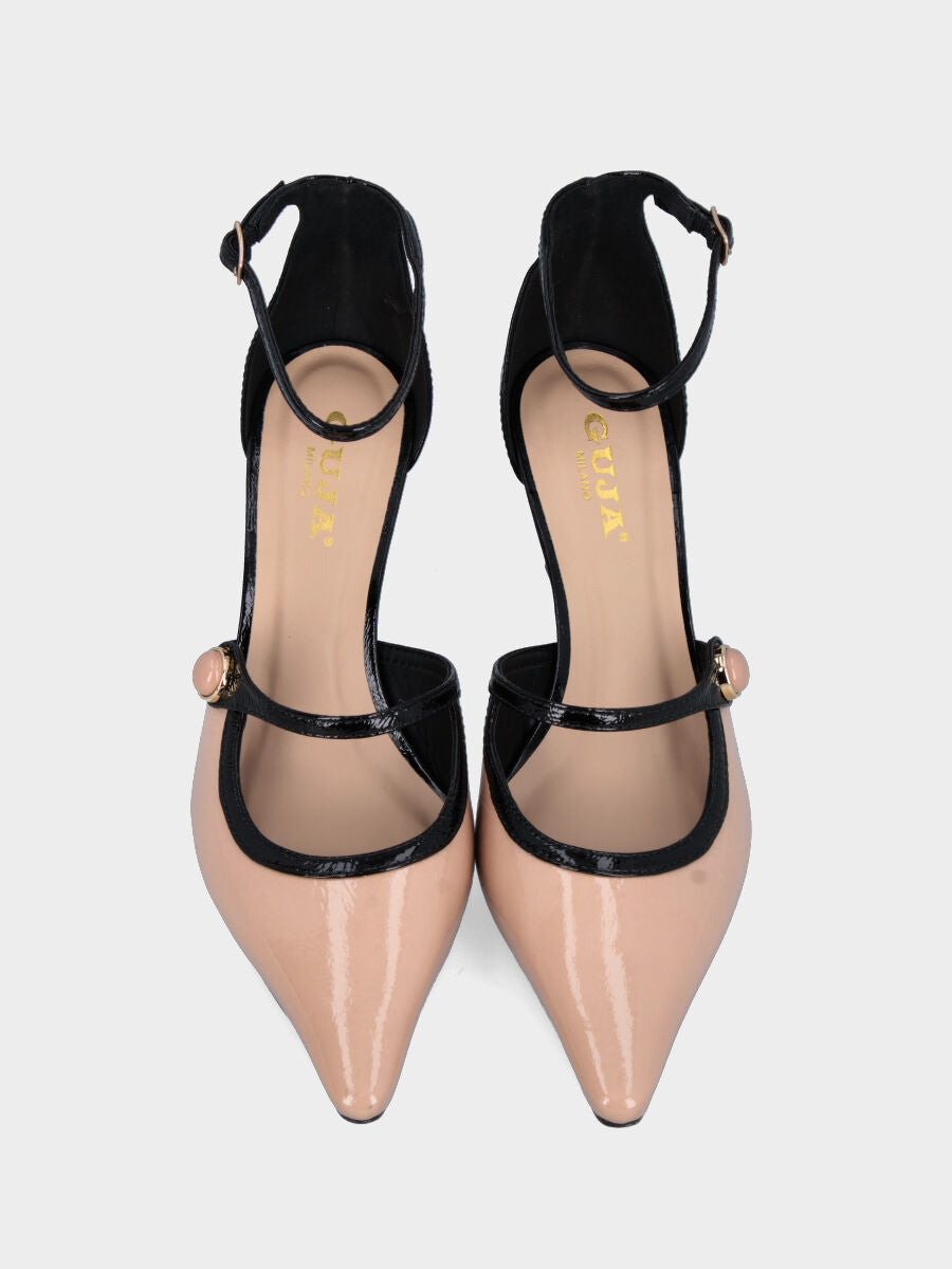 Décolleté in naplak nero e nude con cinturini e tacco incavato