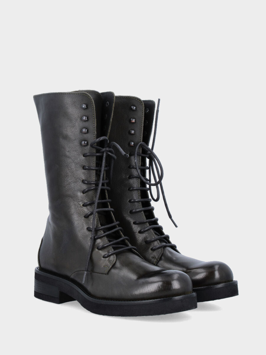 Anfibi in vitello verde con cerniera posteriore e tacco basso