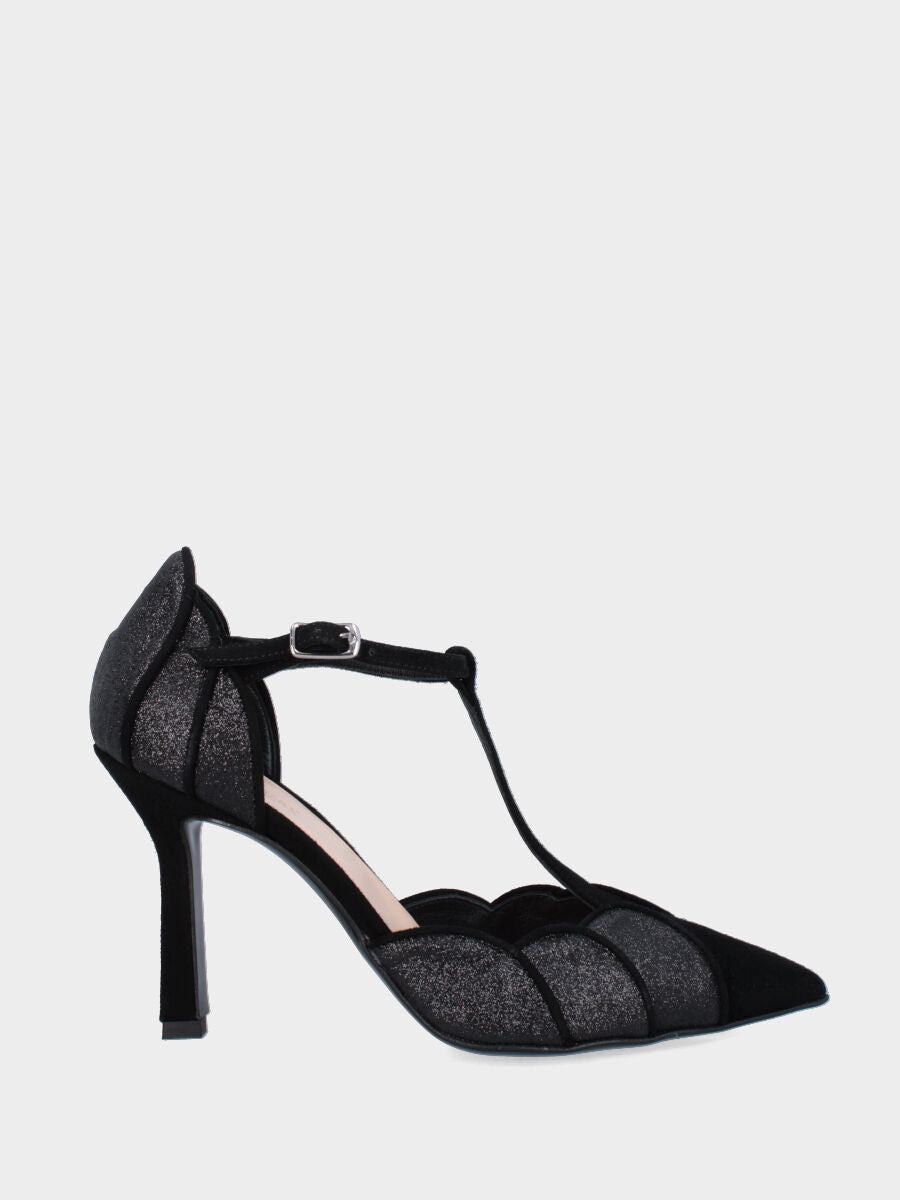 Décolleté T-bar in camoscio nero con tacco a coda e tomaia glitter a spicchi