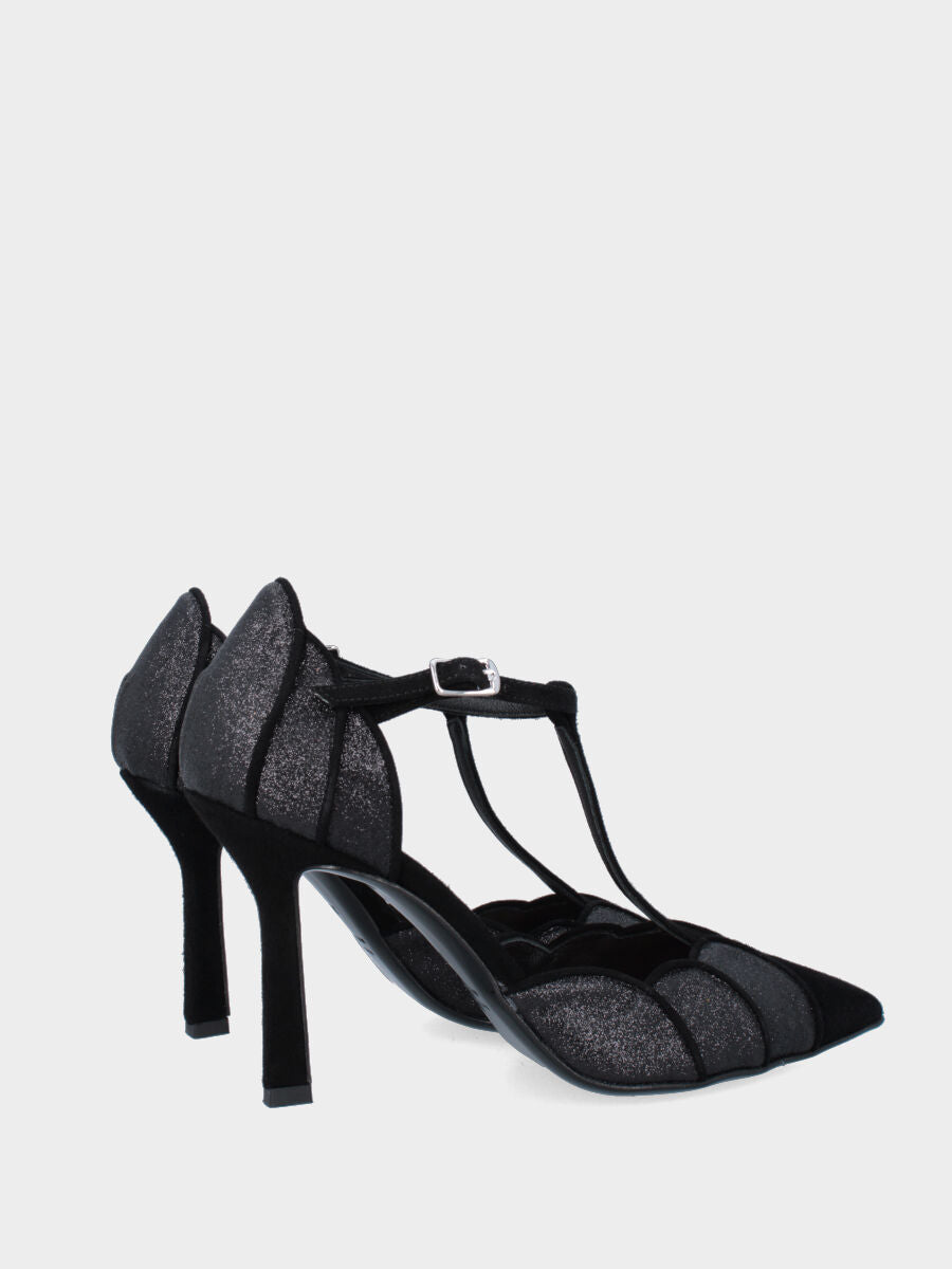 Décolleté T-bar in camoscio nero con tacco a coda e tomaia glitter a spicchi