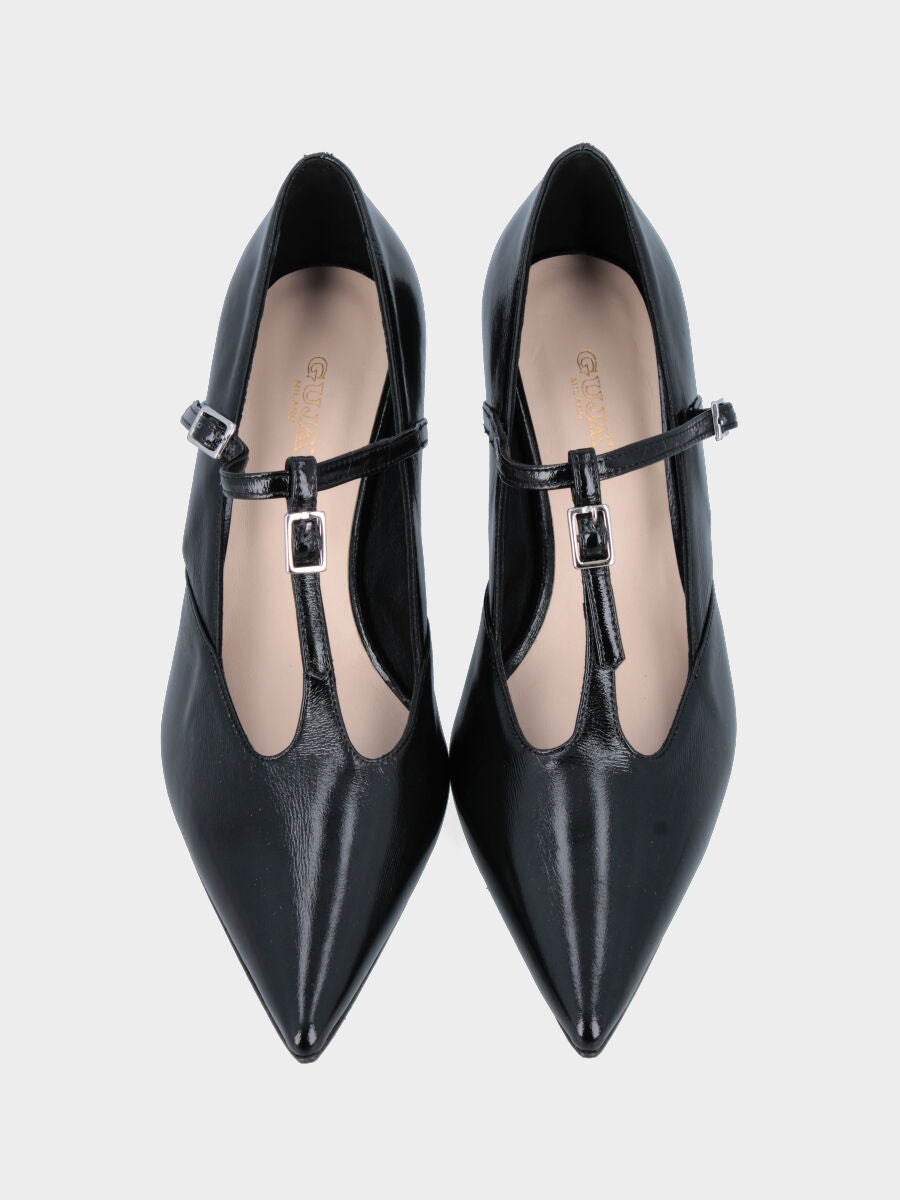 Décolleté in verlux nero con cinturini e tacco conico 50mm